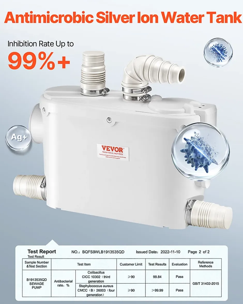 Vevor Pompe macératrice 500W, 6600 L h, ht. manométrique 8 m, 3 entrées eau, eaux usées.