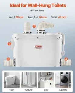 Vevor Pompe macératrice 500W, 6600 L h, ht. manométrique 8 m, 3 entrées eau, eaux usées.