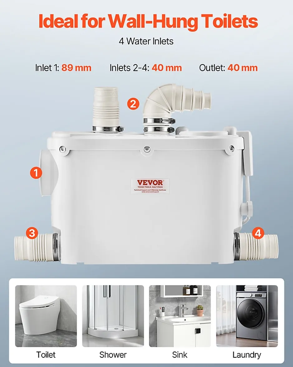 Vevor Pompe macératrice 500W, 6600 L h, ht. manométrique 8 m, 3 entrées eau, eaux usées.