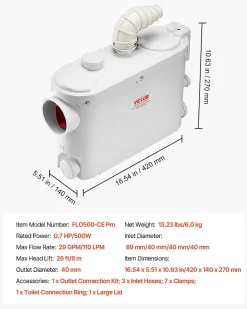 Vevor Pompe macératrice 500W, 6600 L h, ht. manométrique 8 m, 3 entrées eau, eaux usées.
