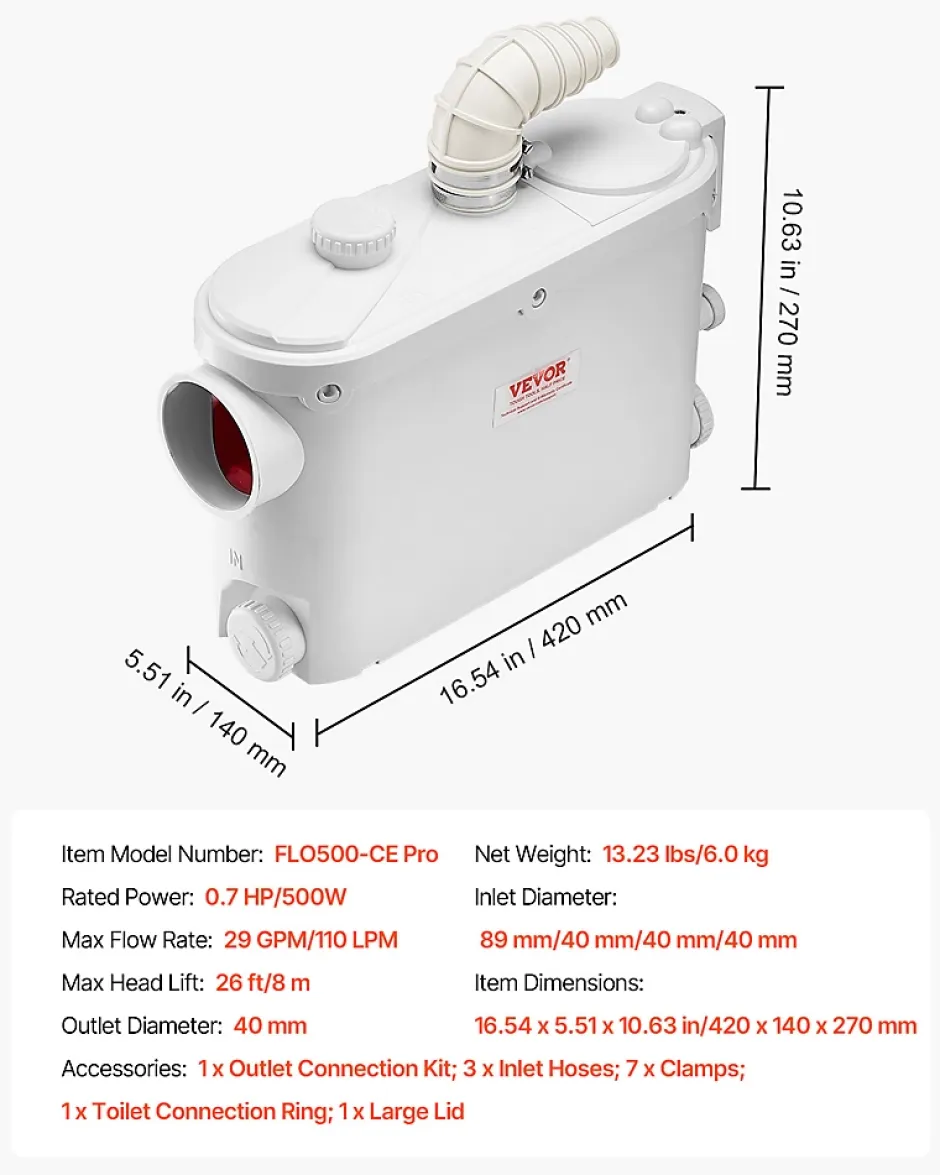 Vevor Pompe macératrice 500W, 6600 L h, ht. manométrique 8 m, 3 entrées eau, eaux usées.