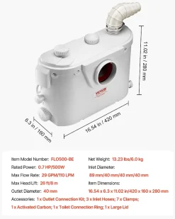 Vevor Pompe macératrice 500W, sanitaire 4 entrées eau, 110 L min, ht. refoulement 8 m.