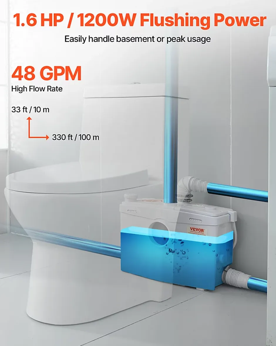 Vevor Pompe macératrice 1200W, sanitaire 4 entrées eau, 180 L min, ht. refoulement 10 m.