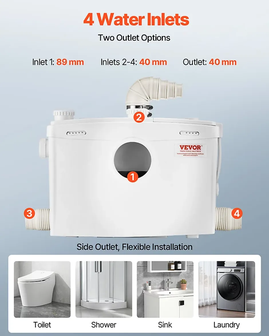 Vevor Pompe macératrice 1200W, sanitaire 4 entrées eau, 180 L min, ht. refoulement 10 m.