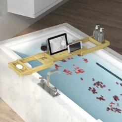 Homcom Pont plateau de baignoire extensible 75-109L cm - porte-gobelet et savon - bambou verni