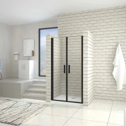 AICA Sanitaire Porte de douche battante 80cm en verre trempé anticalcaire profil et poignée Noir Mat douche italienne hauteur 200cm