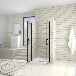 AICA Sanitaire Porte de douche battante 80cm en verre trempé anticalcaire profil et poignée Noir Mat douche italienne hauteur 200cm
