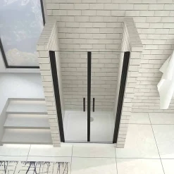 AICA Sanitaire Porte de douche battante 80cm en verre trempé anticalcaire profil et poignée Noir Mat douche italienne hauteur 200cm