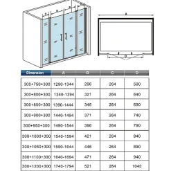 AICA Sanitaire Porte De Douche Battante 165x187cm Porte Battante Avec 2 éléments Fixes En 6mm Verre Anticalcaire