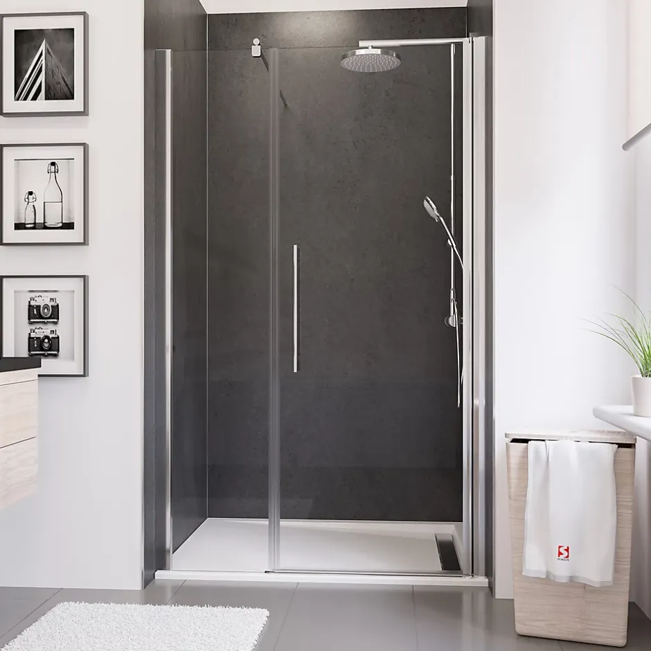 Schulte Porte de douche battante l.140 x H.192 cm, verre transparent, profilé chromé, NewStyle