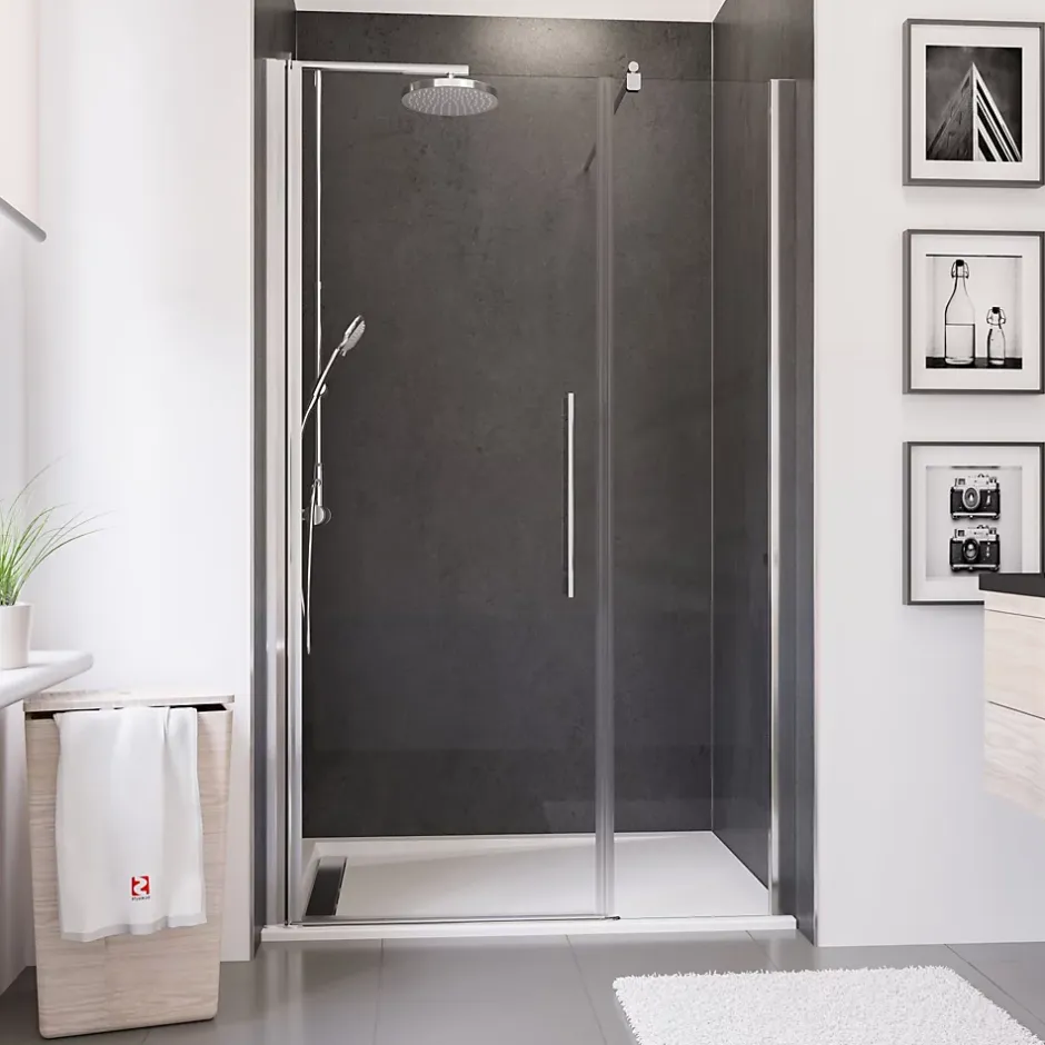 Schulte Porte de douche battante l.140 x H.192 cm, verre transparent, profilé chromé, NewStyle
