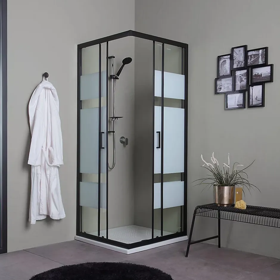 Kiamami Valentina Porte De Douche Carrée 90X90 Avec Portes Sérigraphiées Et Profilés Noirs - City* Porte De Douche