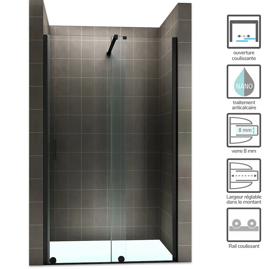 Saniverre Porte de douche coulissante NAPOLIBLACK H.200 x L. 170 cm verre transparent 8 mm -