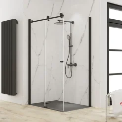 Schulte Porte de douche coulissante avec paroi latérale l.120+90 x H.200 cm, verre transparent, profilé noir mat, MasterClass