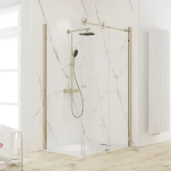 Schulte Porte de douche coulissante avec paroi latérale l.120+80 x H.200 cm, verre transparent, profilé doré mat, MasterClass* Paroi De Douche