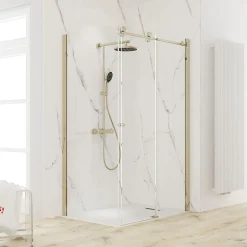 Schulte Porte de douche coulissante avec paroi latérale l.120+80 x H.200 cm, verre transparent, profilé doré mat, MasterClass* Paroi De Douche