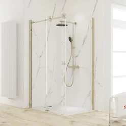 Schulte Porte de douche coulissante avec paroi latérale l.120+80 x H.200 cm, verre transparent, profilé doré mat, MasterClass* Paroi De Douche