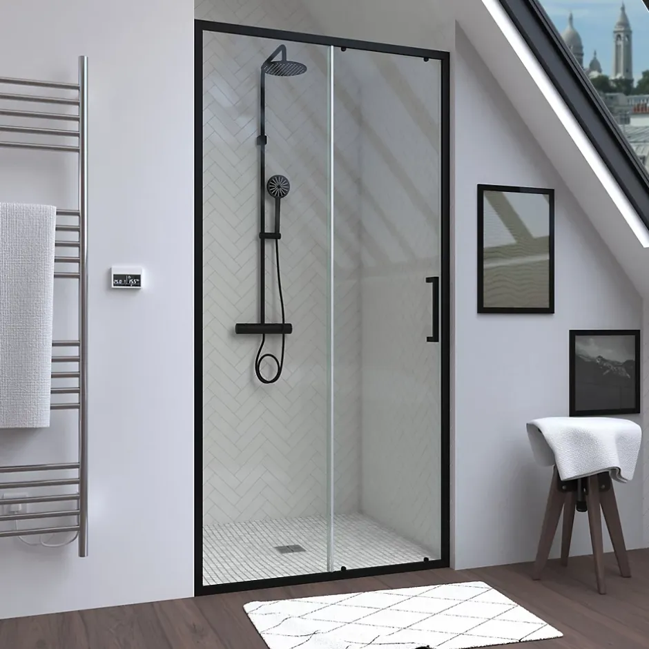 Aurlane Porte de douche coulissante 100x200 cm - Verre transparent - Profilé Noir - CRUSH* Porte De Douche