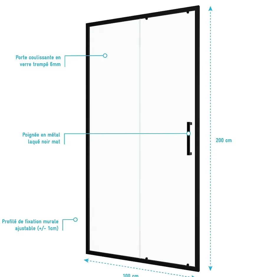 Aurlane Porte de douche coulissante 100x200 cm - Verre transparent - Profilé Noir - CRUSH* Porte De Douche