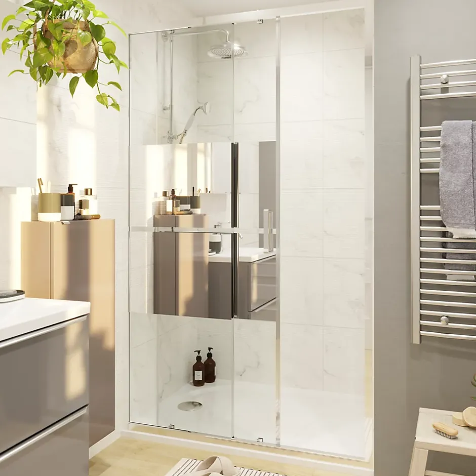 GoodHome Porte de douche coulissante l.120 x H.195 cm, bandes miroir, profilés alu chrome, Ledava* Porte De Douche