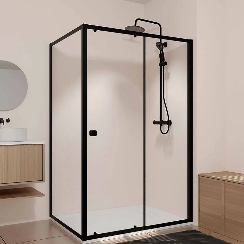 Aurlane Porte de Douche Coulissante Extensible 100x185cm et Retour Fixe 90cm - Noir - BLACK SLIDE