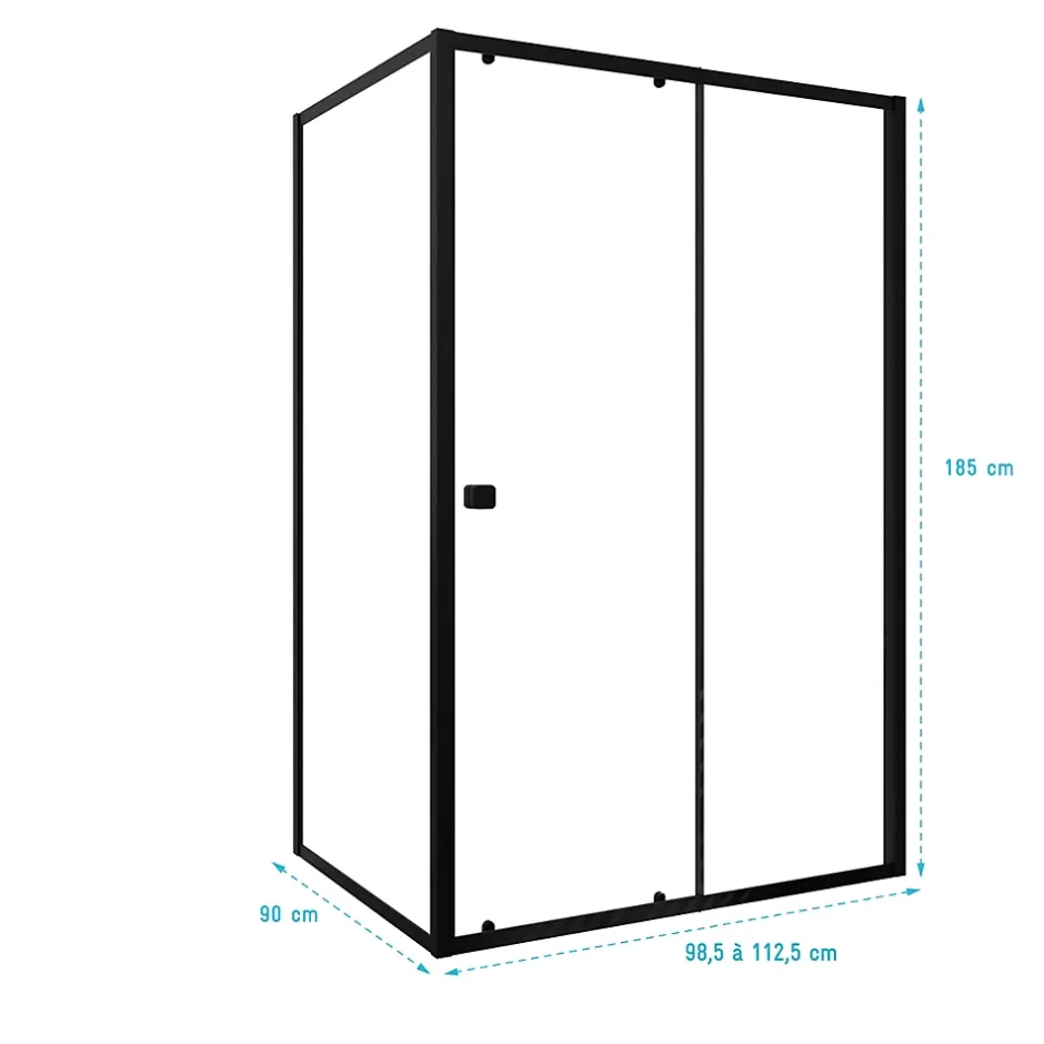 Aurlane Porte de Douche Coulissante Extensible 100x185cm et Retour Fixe 90cm - Noir - BLACK SLIDE