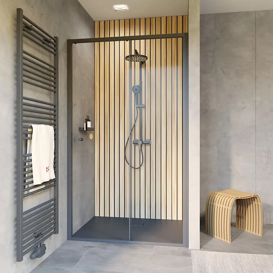 Schulte Porte de douche coulissante droite l.120 x H.200, verre transparent, profilé noir, Trend2.0