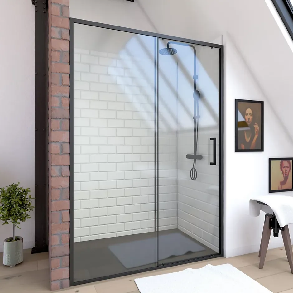 Aurlane Porte de douche coulissante 120x200 cm - Verre transparent - Profilé Noir - CRUSH