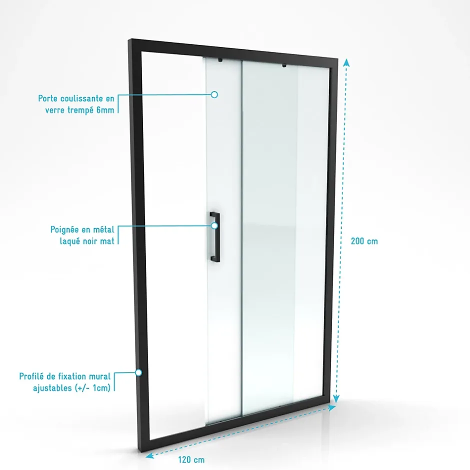 Aurlane Porte de douche coulissante 120x200 cm - Verre transparent - Profilé Noir - CRUSH