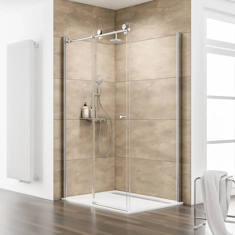 Schulte Porte de douche coulissante avec paroi latérale l.120+90 x H.200 cm, verre transparent anticalcaire, profilé chromé, MasterClass