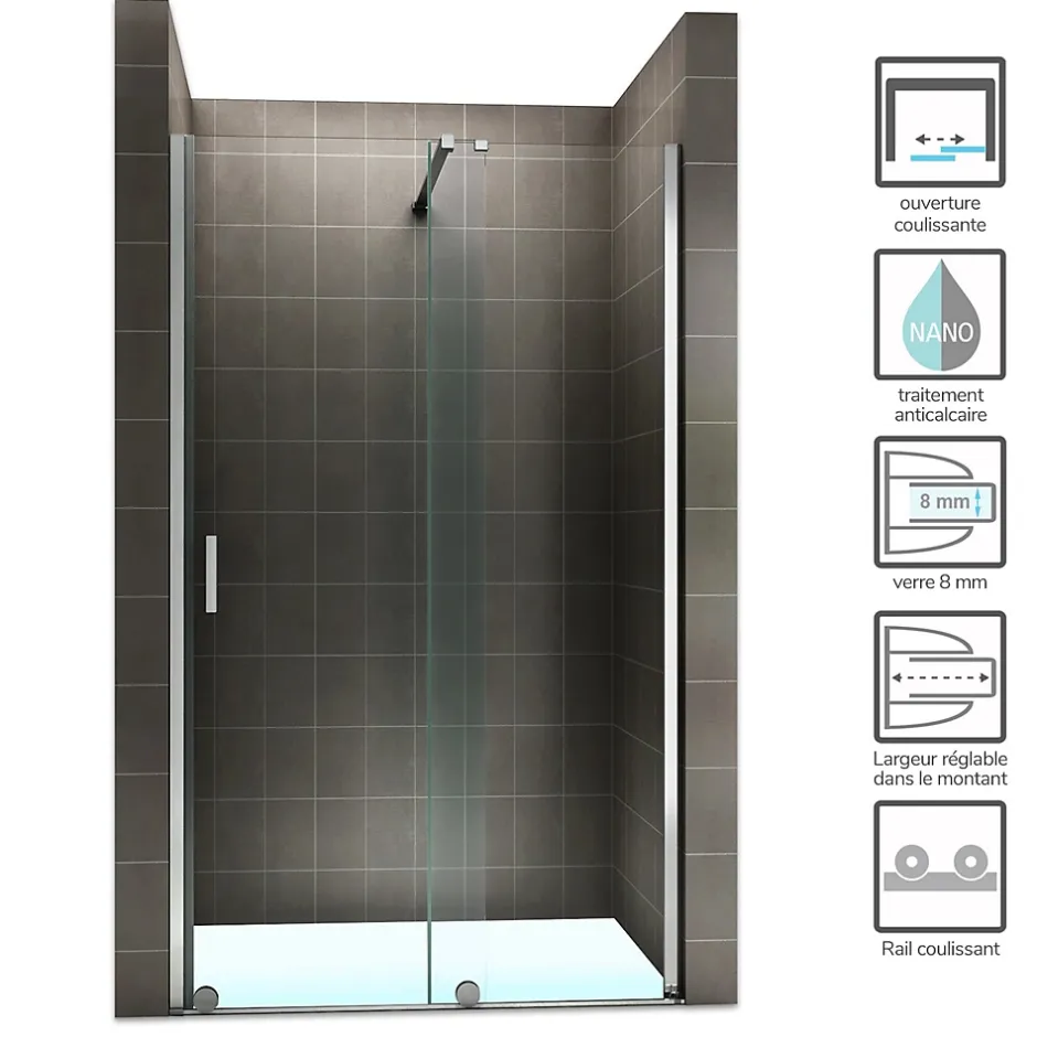 Saniverre Porte de douche coulissante NAPOLI H.200 - largeur 130 cm verre transparent 8 mm -* Porte De Douche
