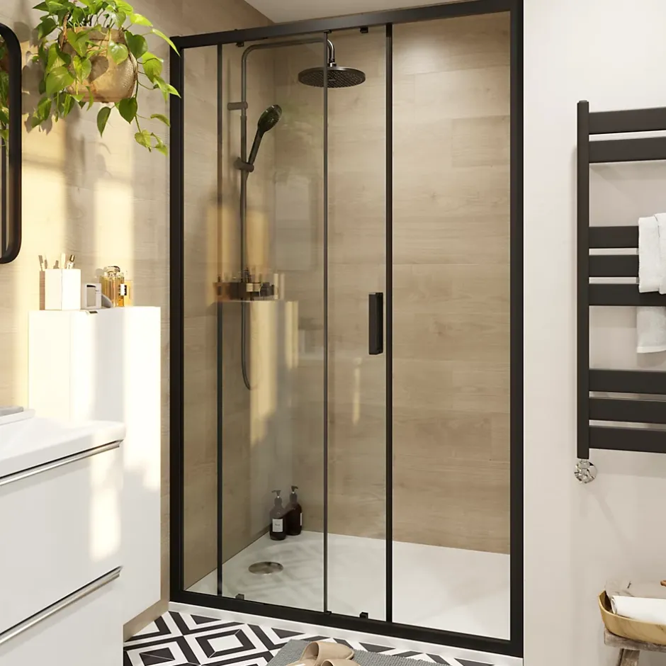 GoodHome Porte de douche coulissante l.120 x H.195 cm, profilés alu noir, Ledava* Porte De Douche