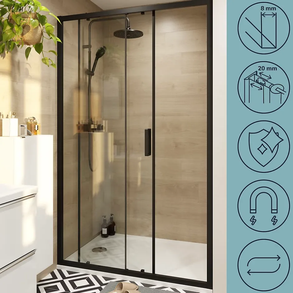 GoodHome Porte de douche coulissante l.120 x H.195 cm, profilés alu noir, Ledava* Porte De Douche