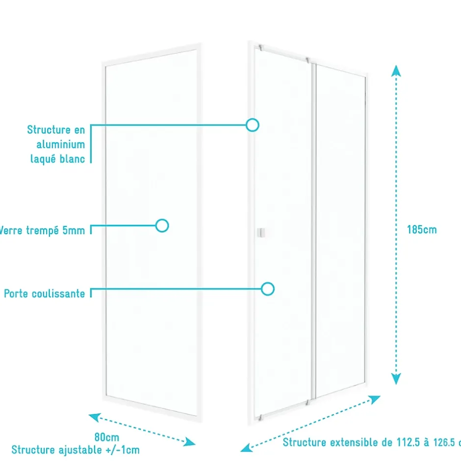 Galedo Porte de douche coulissante et paroi l.120 + 80 x H.185 cm profilés blancs, Spot* Paroi De Douche