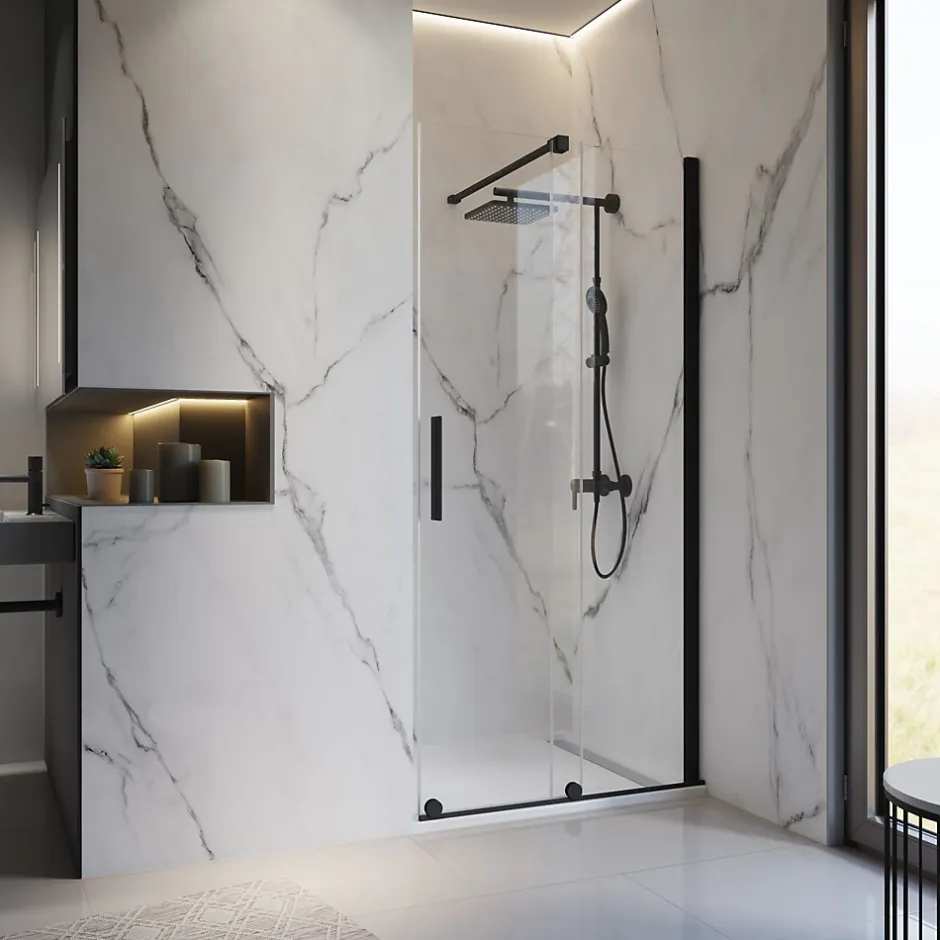Schulte Porte de douche coulissante avec roulettes l.120 x H.200 cm, verre transparent anticalcaire, profilé noir mat, NewStyle* Porte De Douche