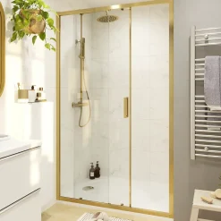 GoodHome Porte de douche coulissante l.120 x H.195 cm, verre transparent, profilés alu finition doré brossé, Ledava* Porte De Douche