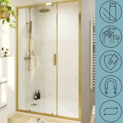 GoodHome Porte de douche coulissante l.120 x H.195 cm, verre transparent, profilés alu finition doré brossé, Ledava* Porte De Douche