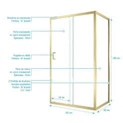Galedo Porte de douche coulissante et paroi fixe l.120 + 80 x H.200 cm profilés doré brossé, Factory* Paroi De Douche