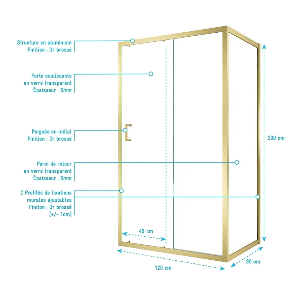 Galedo Porte de douche coulissante et paroi fixe l.120 + 80 x H.200 cm profilés doré brossé, Factory* Paroi De Douche