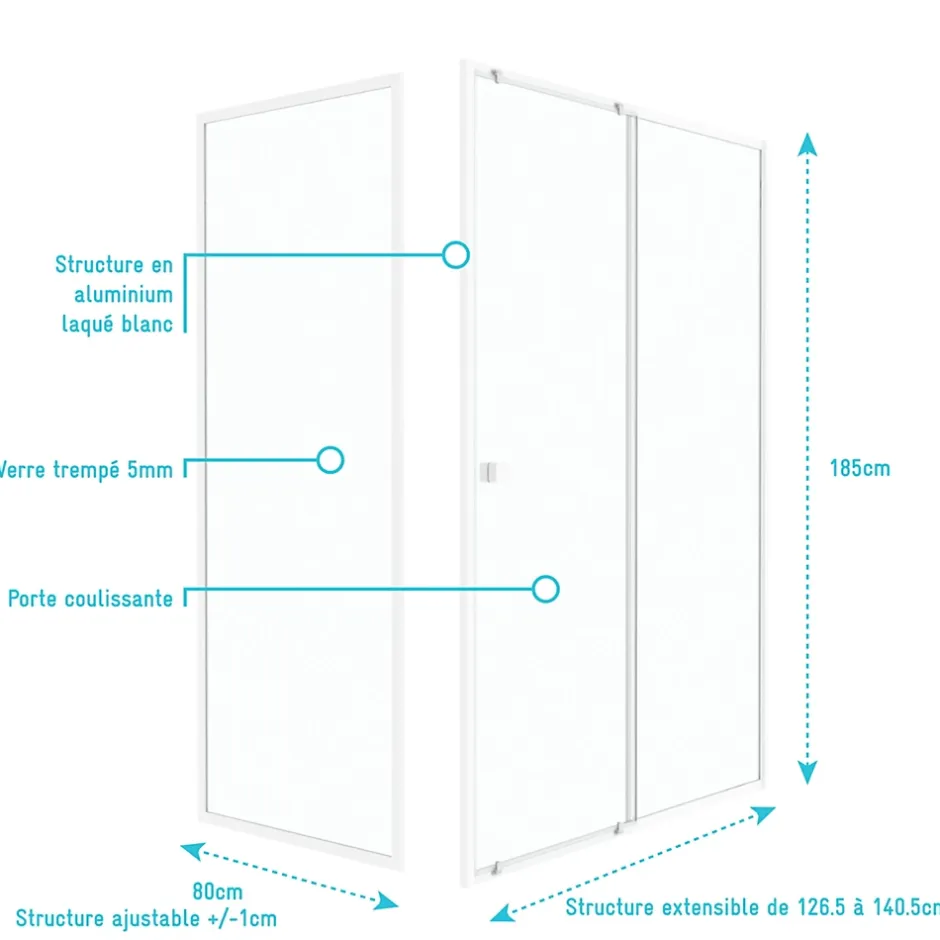 Galedo Porte de douche coulissante et paroi l.140 + 80 x H.185 cm profilés blancs, Spot