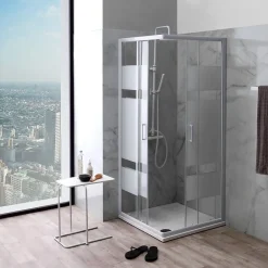 Kiamami Valentina Porte De Douche D'angle 75X75 Verre Sérigraphié Profils Blancs - Venere