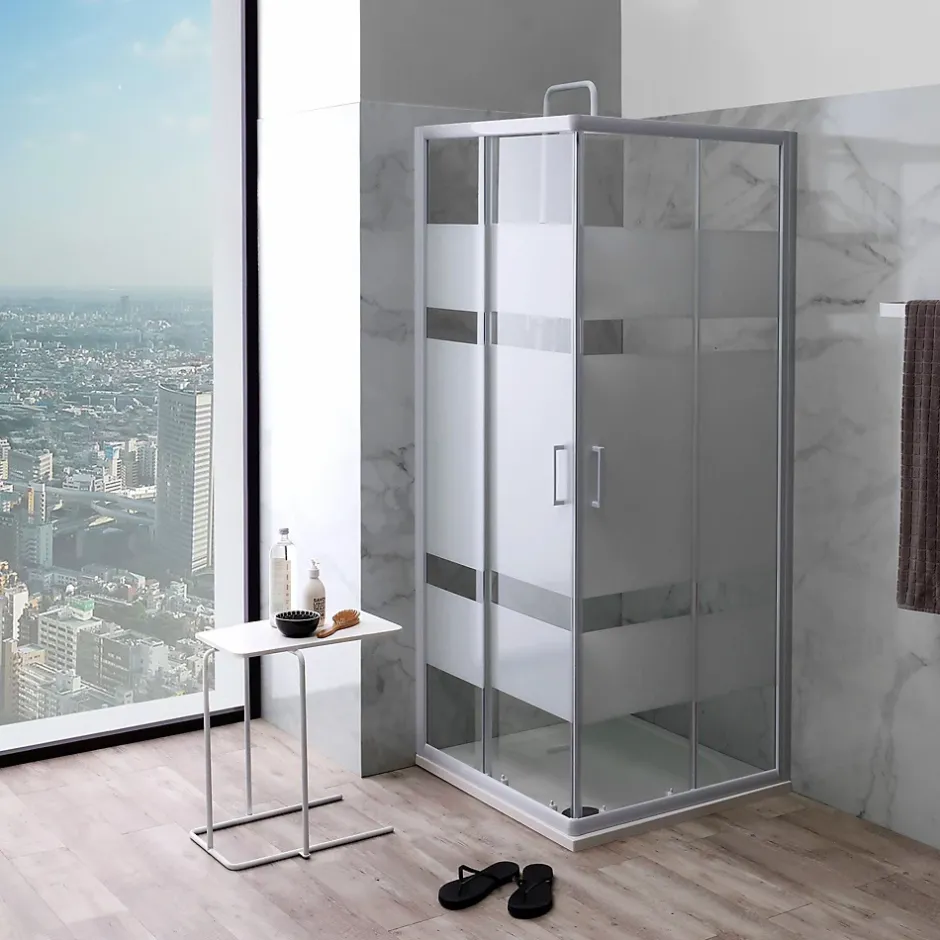 Kiamami Valentina Porte De Douche D'angle 75X75 Verre Sérigraphié Profils Blancs - Venere