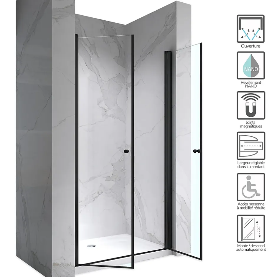 Saniverre Porte de douche GINA-BLACK H.195 cm, largeur réglable 104 à 108 cm, verre 6 mm, anticalcaire -