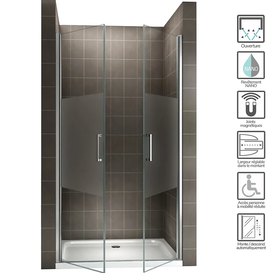 Saniverre Porte de douche KAYA H.180 réglable de 77 à 80 cm verre 6 mm semi-opaque -