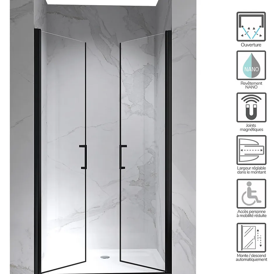 Saniverre Porte de douche KAYA-BLACK H. 195, l. 77-80 cm, verre transparent 6 mm anticalcaire -* Porte De Douche