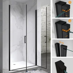 Saniverre Porte de douche KAYA-BLACK H. 195, l. 77-80 cm, verre transparent 6 mm anticalcaire -* Porte De Douche