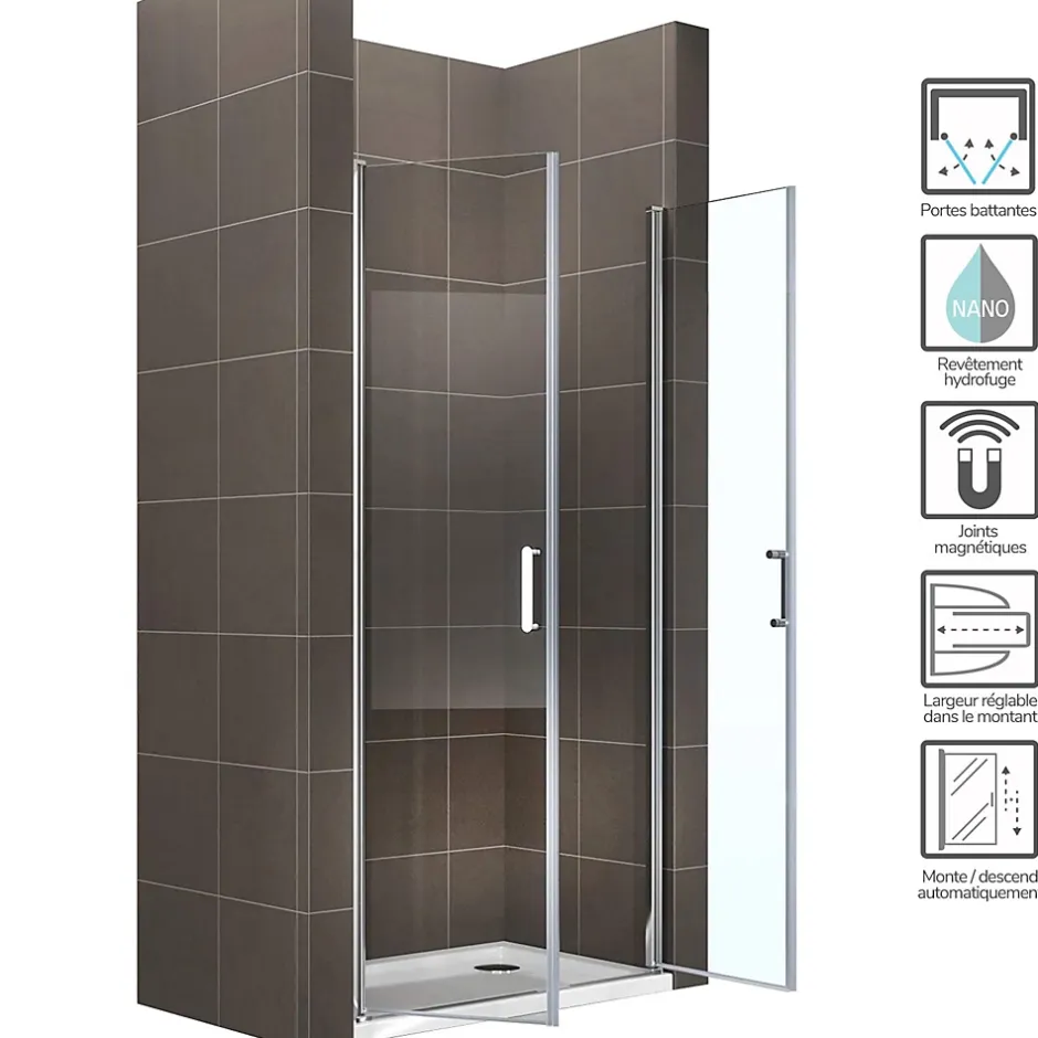 Saniverre Porte de douche KIMI H.190 largeur réglable 91 à 94 cm verre transparent -