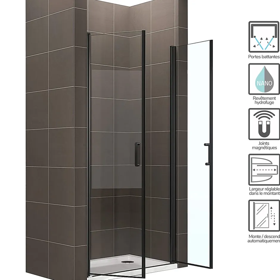 Saniverre Porte de douche KIMIBLACK H.190 largeur réglable 97 à 100 cm verre transparent -
