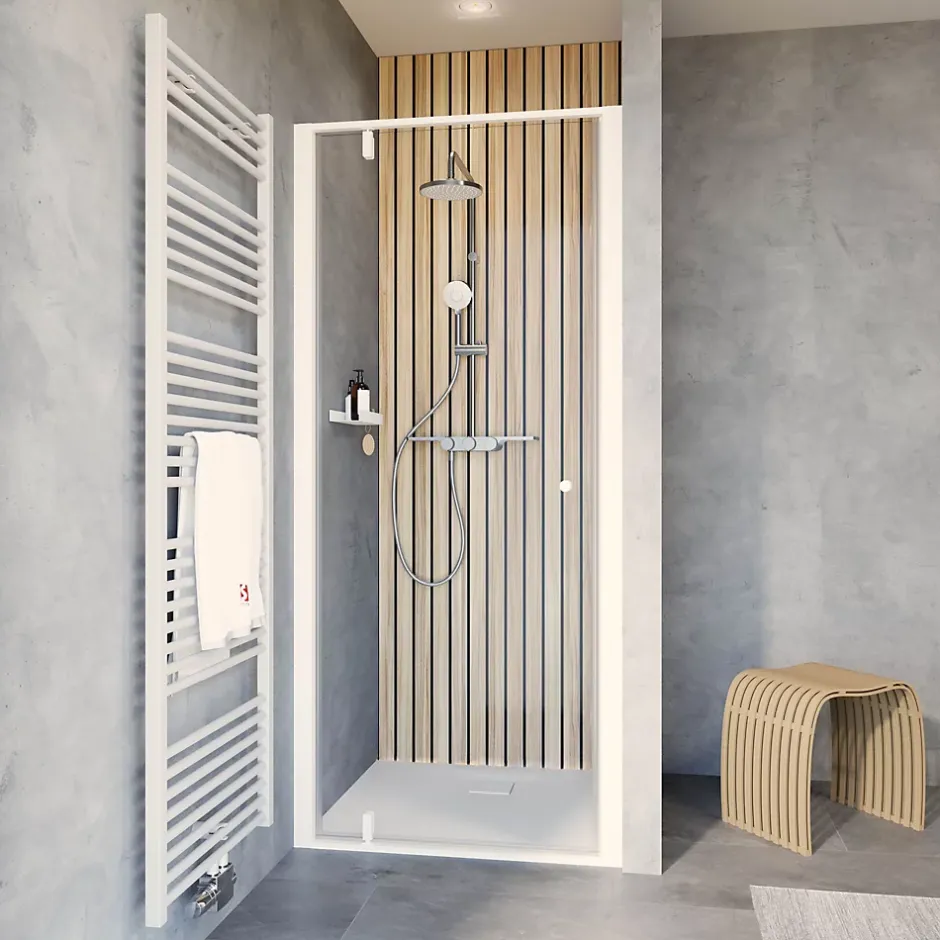 Schulte Porte de douche pivotante en niche l.90 x H.200 cm, verre transparent, profilé blanc mat, Impériale