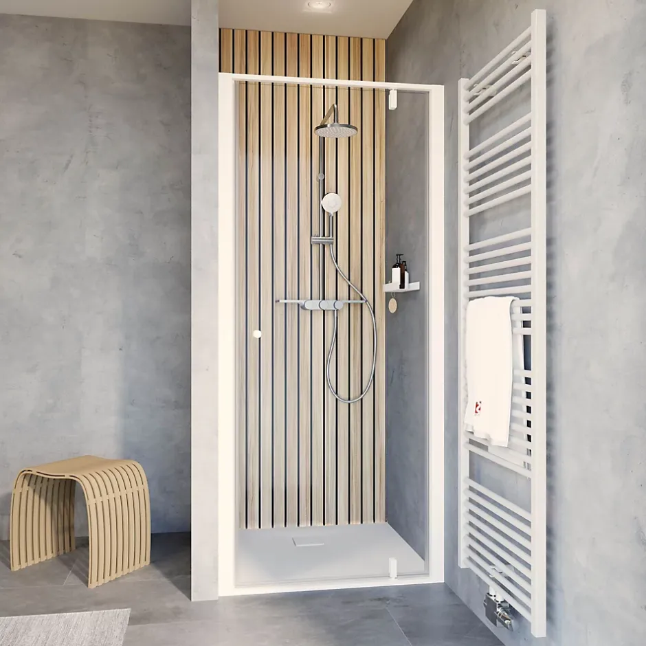 Schulte Porte de douche pivotante en niche l.90 x H.200 cm, verre transparent, profilé blanc mat, Impériale